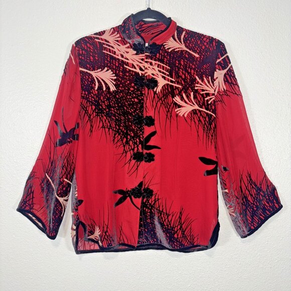 Aris A Velvet Top Asian Crane Stand Collar Silk Knot Kimono Boho Artsy Women's S - Picture 1 of 9
